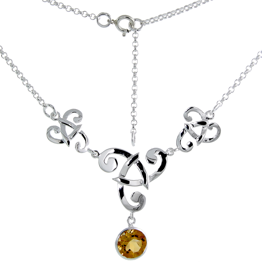 Sterling Silver Celtic Fish Trinity Triquetra Knot Necklace with Natural Citrine 16 inch long