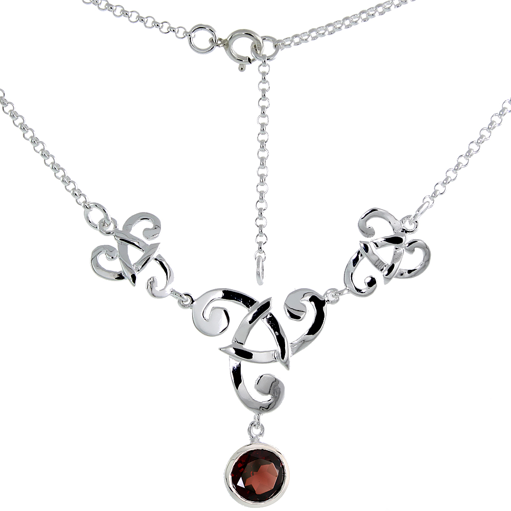 Sterling Silver Celtic Fish Trinity Triquetra Knot Necklace with Natural Garnet 16 inch long