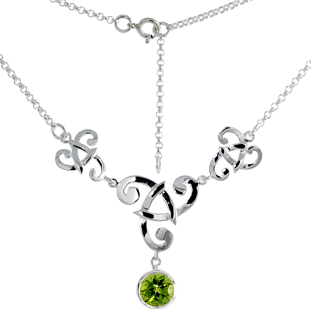 Sterling Silver Celtic Fish Trinity Triquetra Knot Necklace with Natural Peridot, 16 inch long
