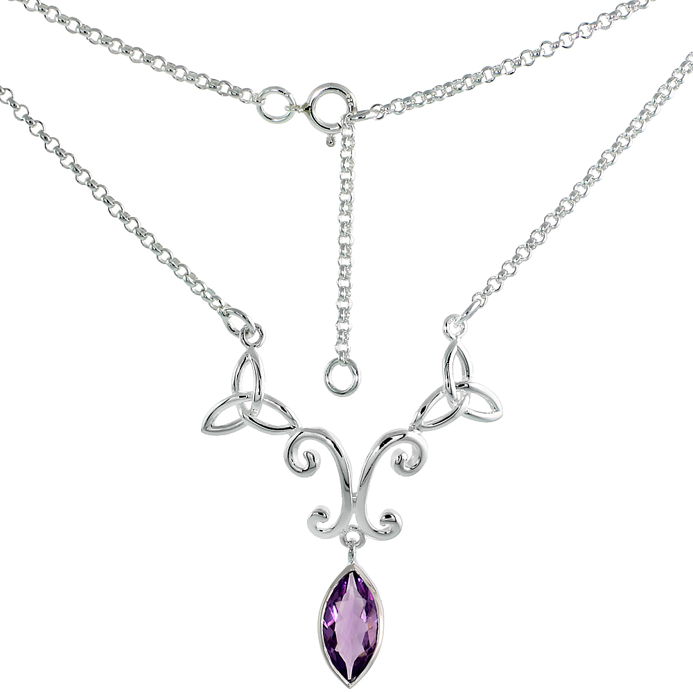 Sterling Silver Celtic Trinity Triquetra Knot Necklace with Natural Amethyst, 16 inch long