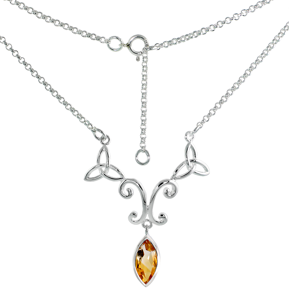 Sterling Silver Celtic Trinity Triquetra Knot Necklace with Natural Citrine 16 inch long