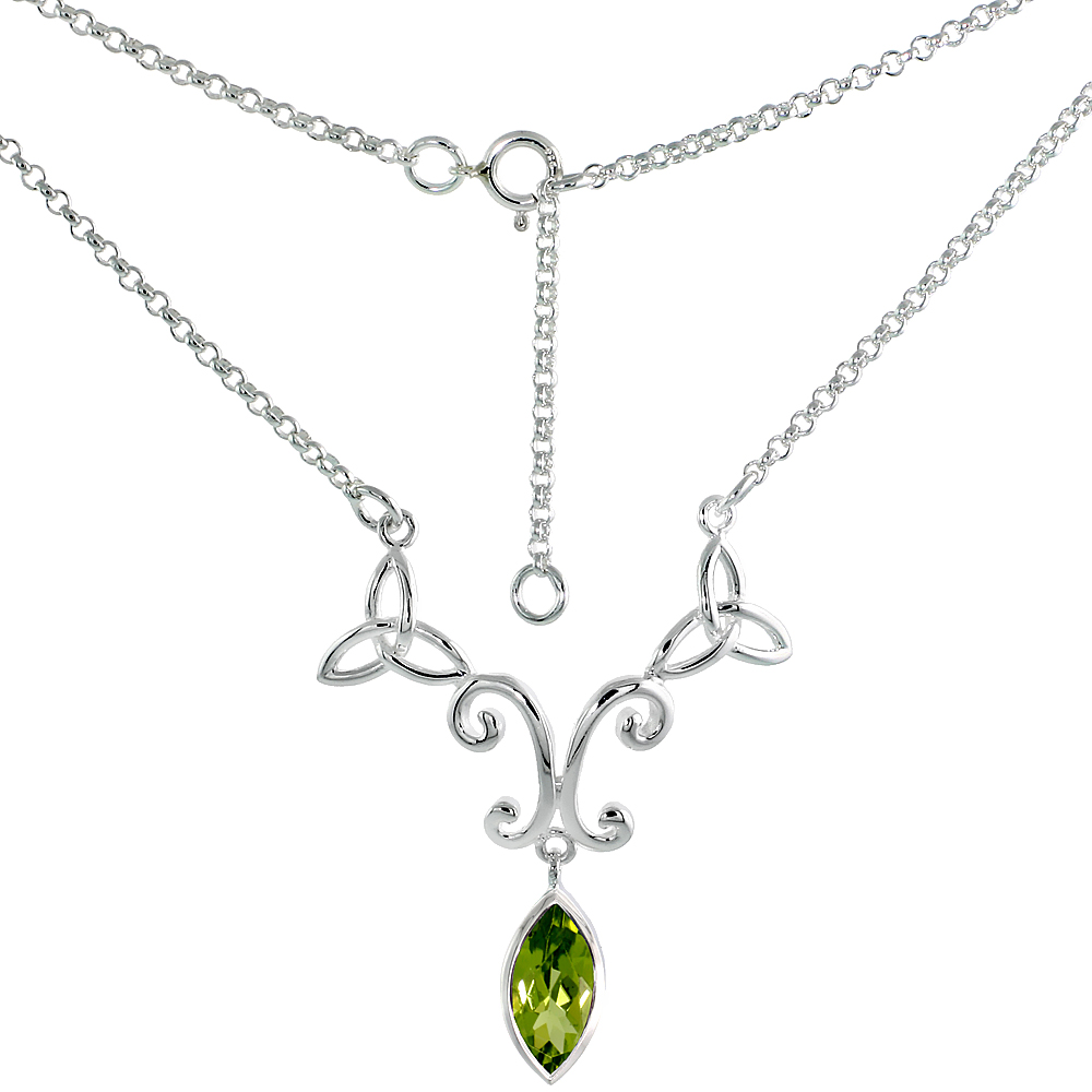 Sterling Silver Celtic Trinity Triquetra Knot Necklace with Natural Peridot, 16 inch long