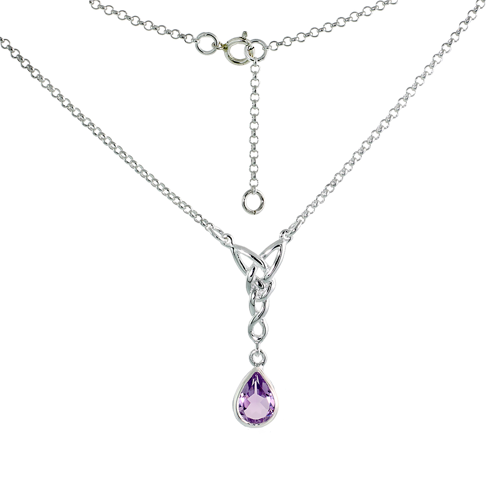 Sterling Silver Celtic Tear Drop Necklace with Natural Amethyst, 16 inch long