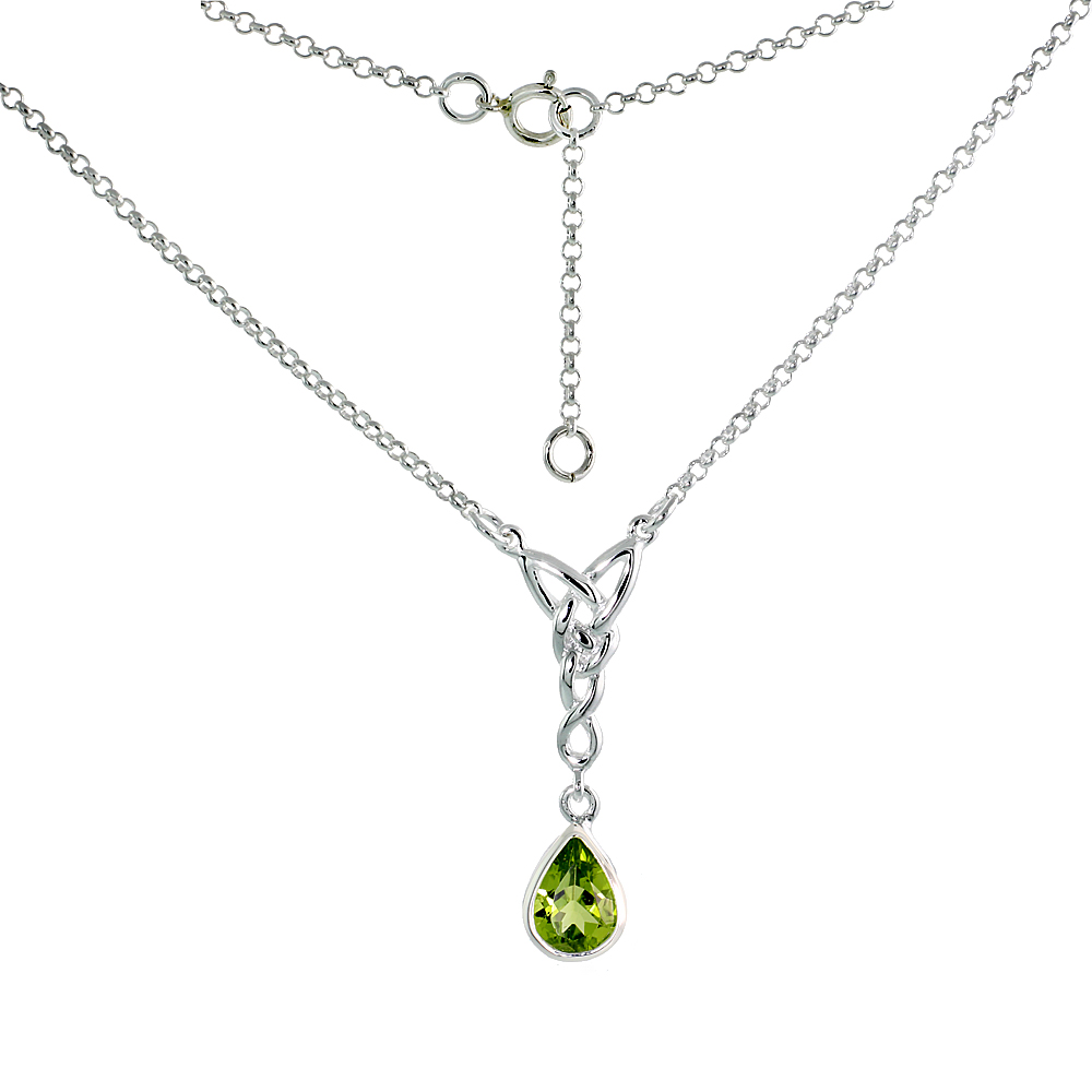 Sterling Silver Celtic Tear Drop Necklace with Natural Peridot, 16 inch long
