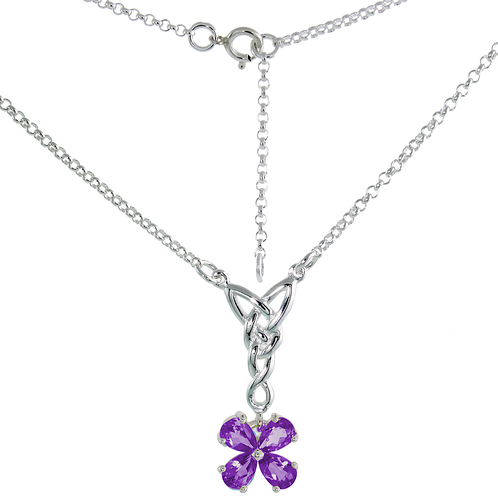 Sterling Silver Celtic 4-Leaf Clover Love Knot Necklace with Natural Amethyst, 16 inch long