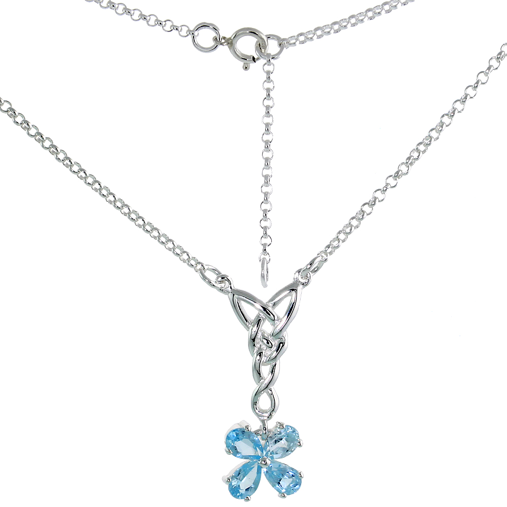 Sterling Silver Celtic 4-Leaf Clover Love Knot Necklace with Natural Blue Topaz, 16 inch long