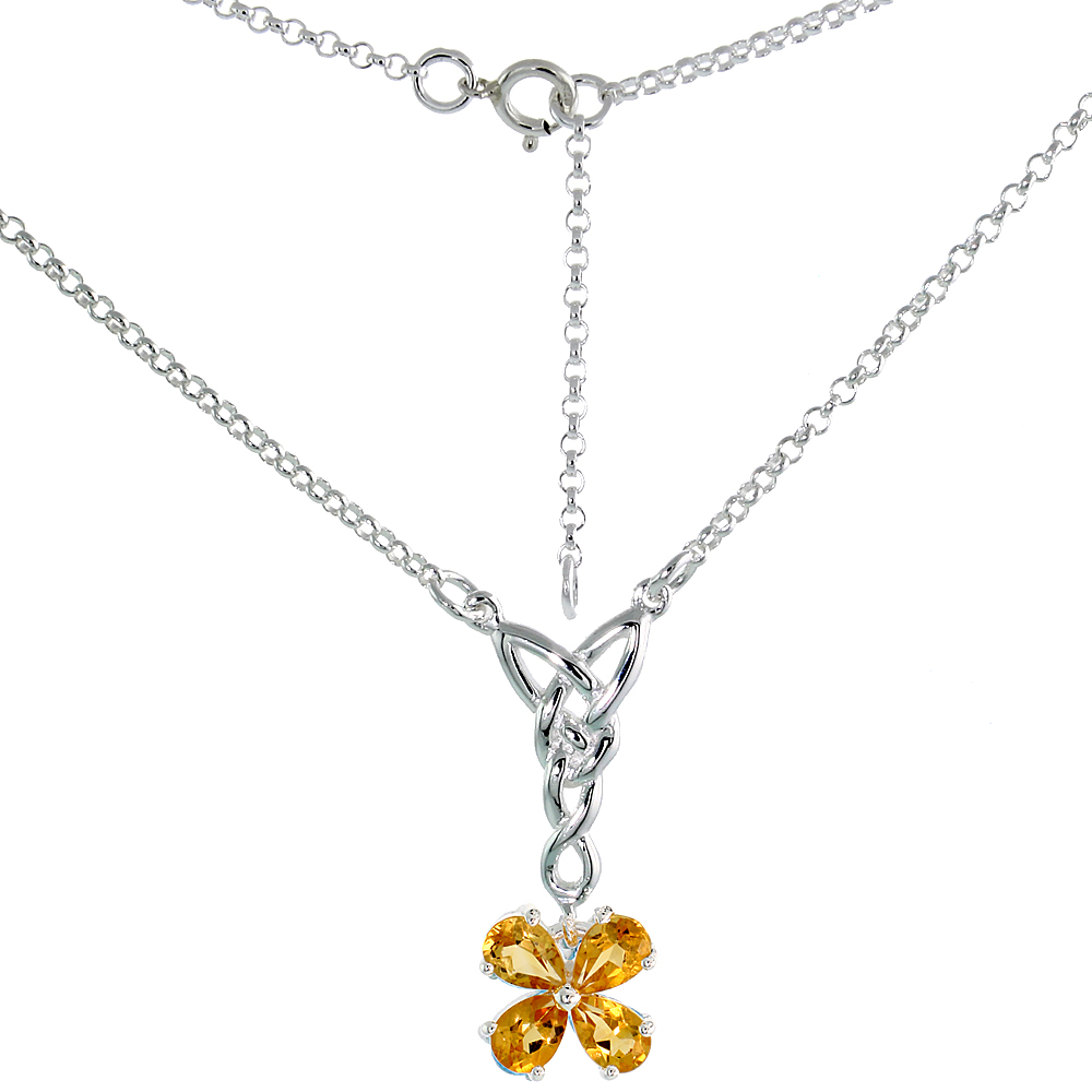 Sterling Silver Celtic 4-Leaf Clover Love Knot Necklace with Natural Citrine 16 inch long