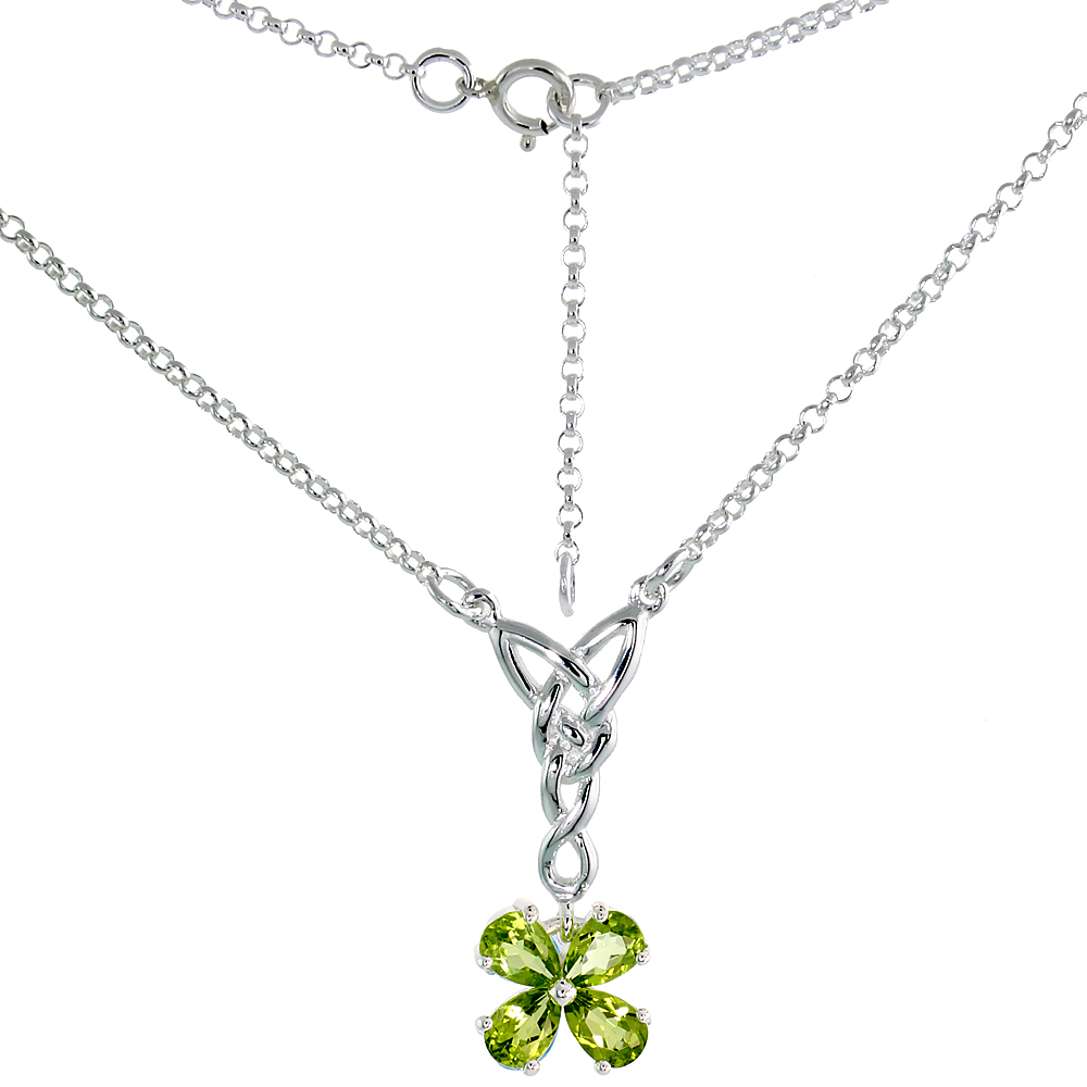Sterling Silver Celtic 4-Leaf Clover Love Knot Necklace with Natural Peridot, 16 inch long