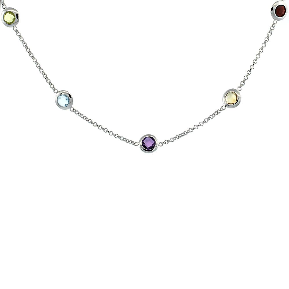 Sterling Silver Stone By The Yard Necklace (Available in 18 in. &amp; 24 in.) w/ Multi Color Gem Stones ( Amethyst, Blue Topaz, Citr