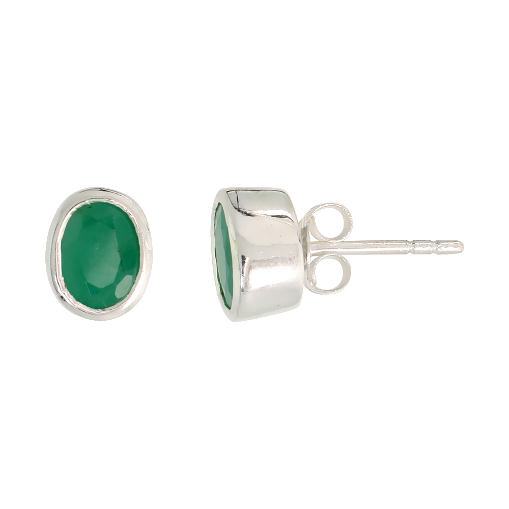 Sterling Silver 7x5mm Oval Natural Emerald Stone Stud Earrings