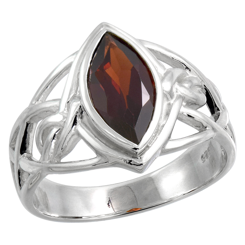Sterling Silver Celtic Knot Ring with Natural Garnet 1/2 inch wide, sizes 6 - 10
