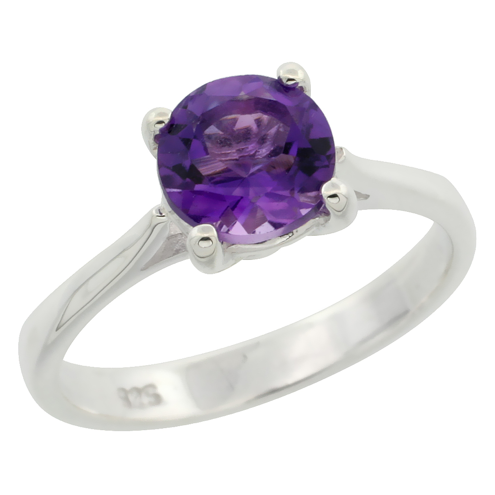 Sterling Silver Amethyst 1 1/4 ct Solitaire Ring 1/4 inch wide, sizes 6 - 10