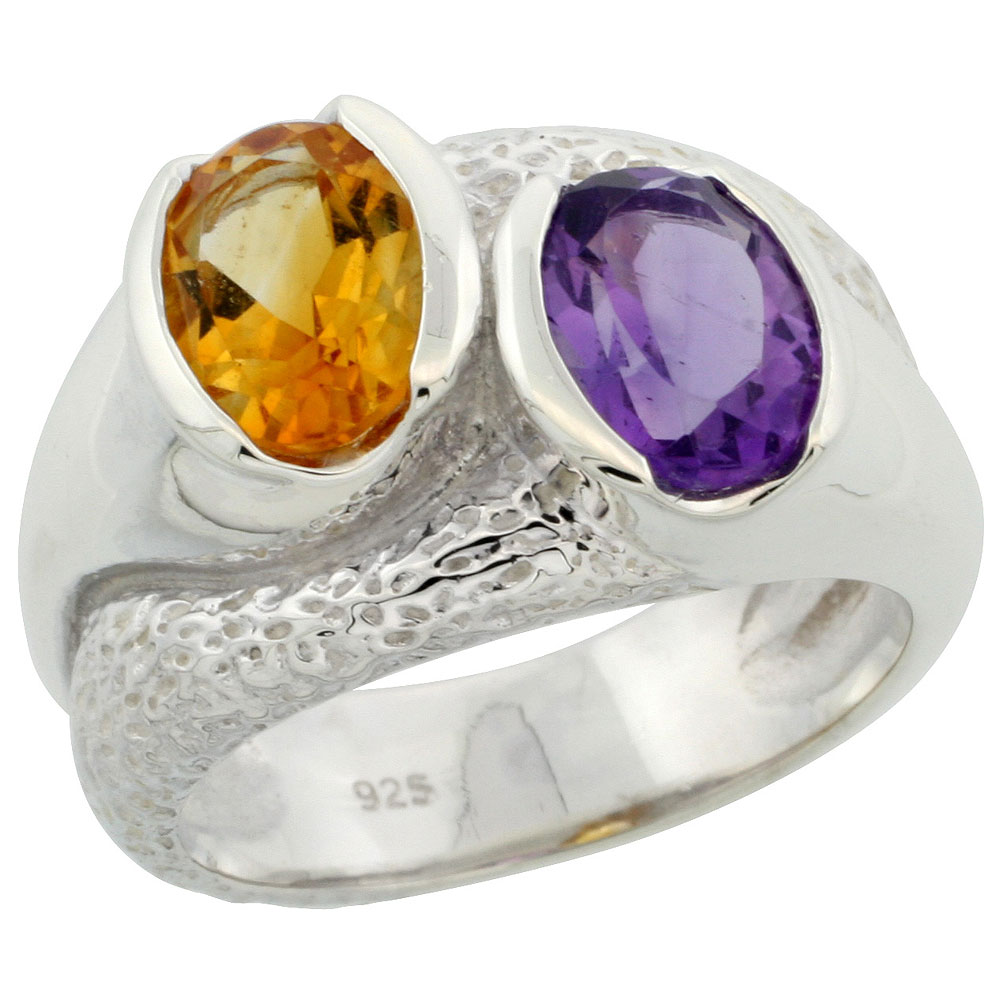 Sterling Silver Citrine &amp; Amethyst Oval two-stone Ring 2.2 cttw 1/2 inch wide, sizes 6 - 10