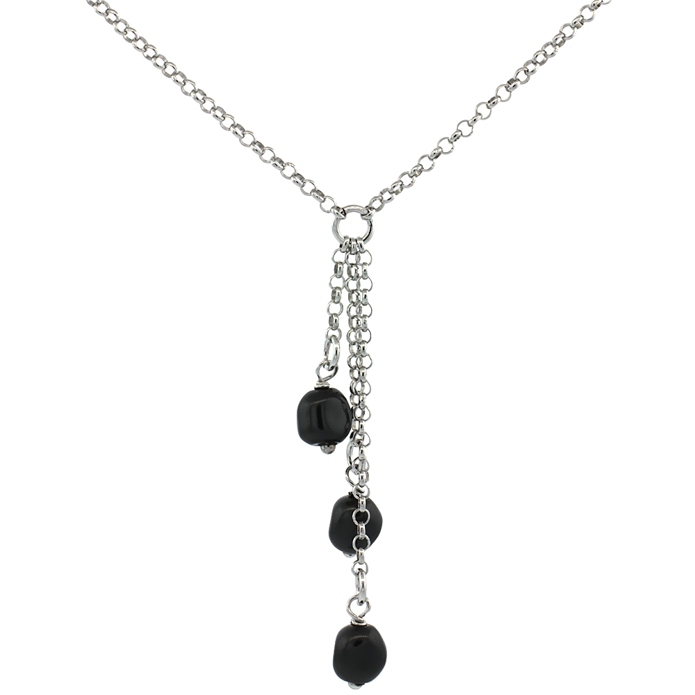 Sterling Silver Black Swarovski Pearls 16 in. Rolo Chain Link Necklace