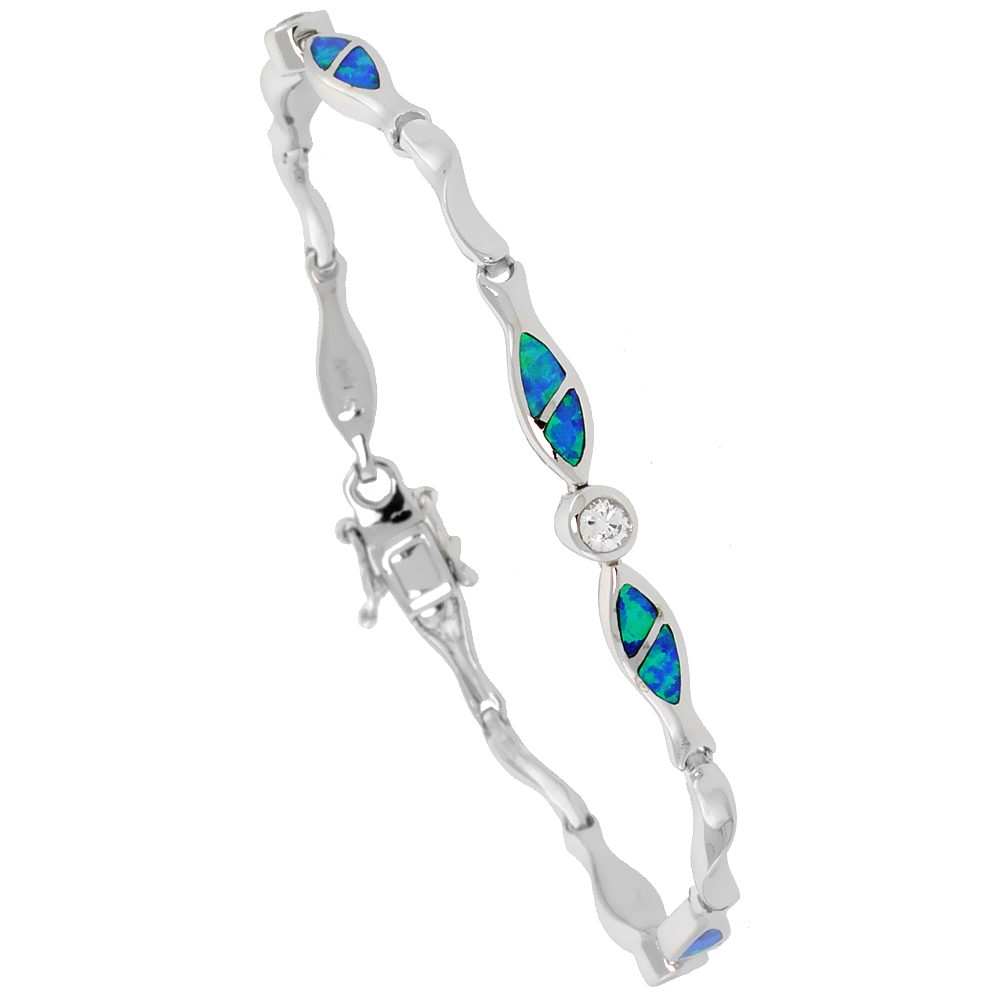 Sterling Silver Synthetic Opal Christian Fish Bracelet with & CZ stone Hand Inlay 7 1/4 inch
