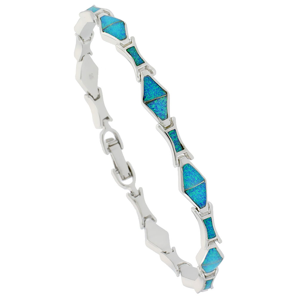 Sterling Silver Synthetic Opal Bracelet Diamond Shaped Links Hand Inlay 7 1/4 inch