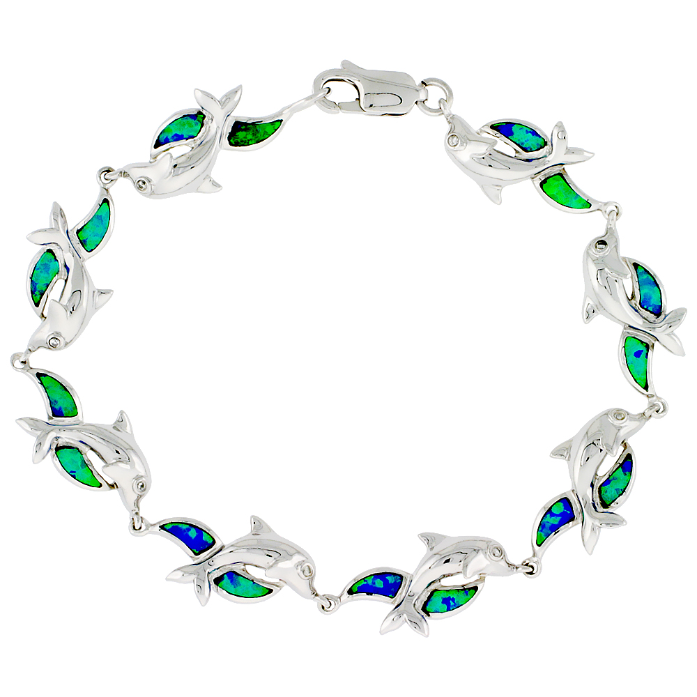 Sterling Silver Synthetic Opal Dolphins Bracelet Hand Inlay 7 1/4 inch long 3/8 inch (10 mm) Wide