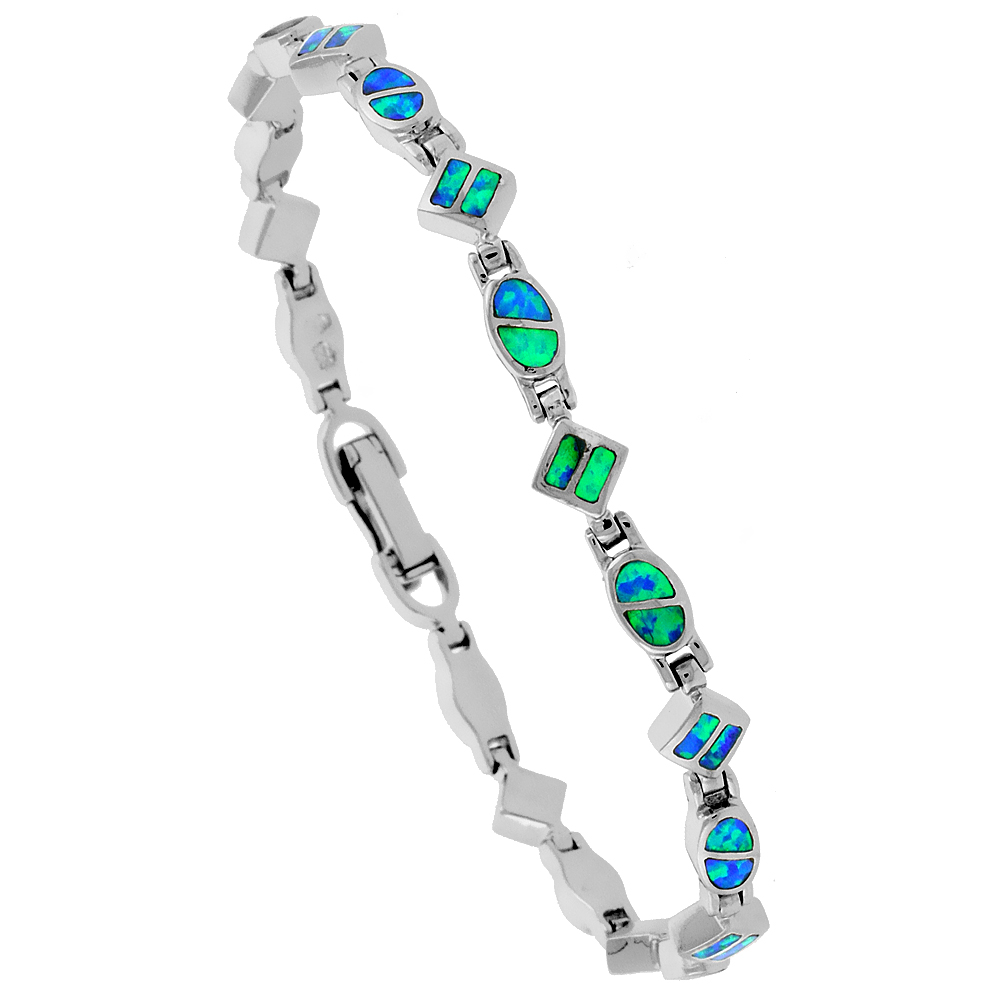 Sterling Silver Synthetic Opal Dainty Bracelet oval and Square Links Hand Inlay 7 1/4 inch