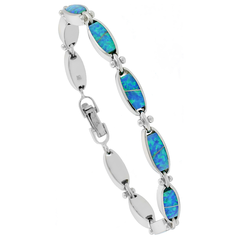Sterling Silver Synthetic Opal Bracelet with Oval Links Hand Inlay 7 1/4 inch