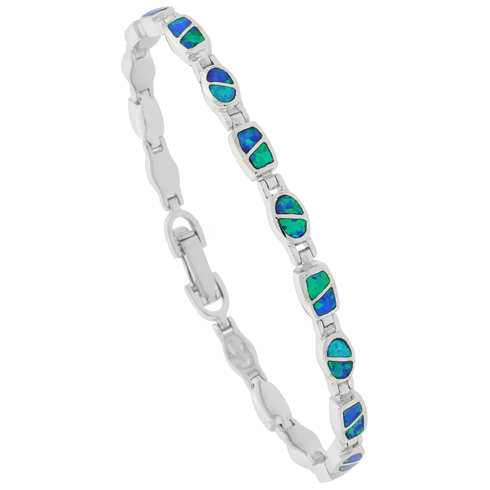 Sterling Silver Synthetic Opal Bracelet Oval &amp; Square Links Hand Inlay 7 1/4 inch