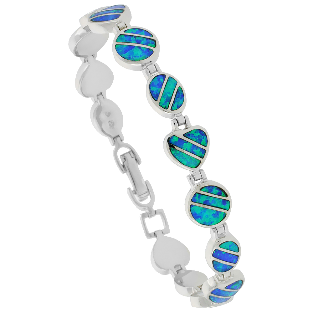 Sterling Silver Synthetic Opal Bracelet Heart Oval Round Liknks Hand Inlay 7 1/4 inch