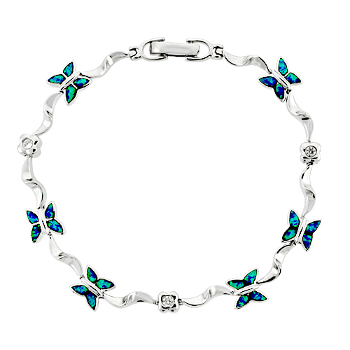 Sterling Silver Synthetic Opal Butterfly Bracelet and CZ stones Hand Inlay 7 1/4 inch