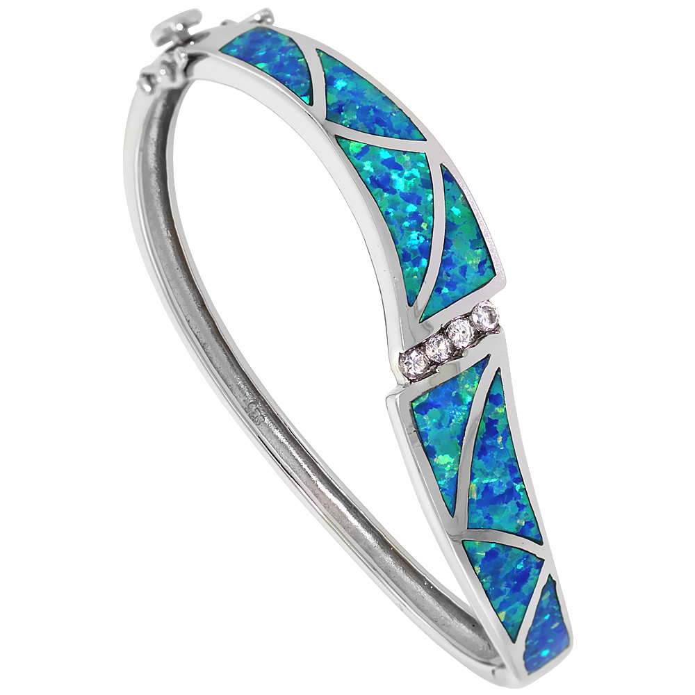 Sterling Silver Synthetic Opal Bangle Bracelet CZ stones Hand Inlay 7/16 inch (11 mm) wide