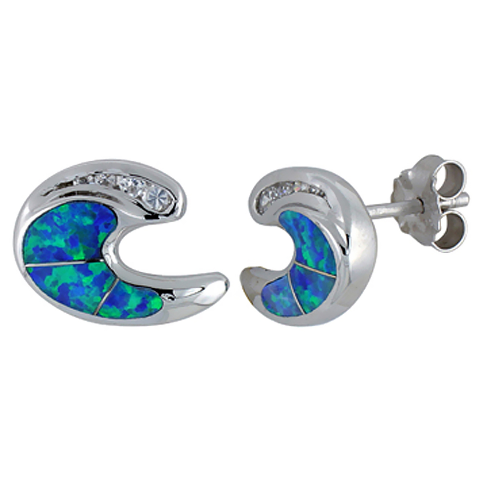 Sterling Silver Synthetic Blue Opal Stud Earrings C Shape CZ Accent, 5/8 inch
