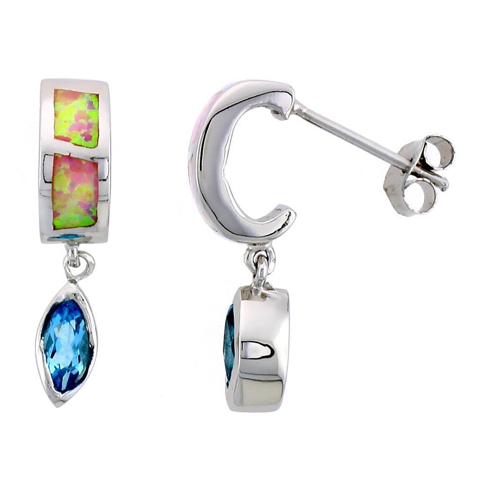 Sterling Silver Post Earrings Pink Synthetic Opal inlay with Marquis Shape Blue Topaz CZ, 7/8 inch