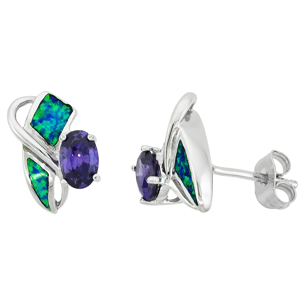 Sterling Silver Synthetic Blue Opal Stud Earrings with Oval Shape Amethyst CZ Center 1/2 inch