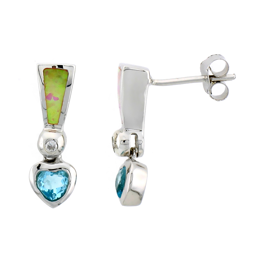 Sterling Silver Post Earrings Pink Synthetic Opal inlay with Heart Shape Blue Topaz CZ, 3/4 inch