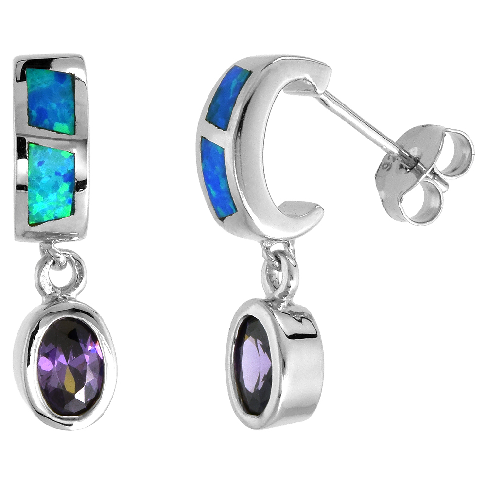 Sterling Silver Synthetic Blue Opal Stud Earrings with Oval Shape Amethyst CZ Center 7/8 inch