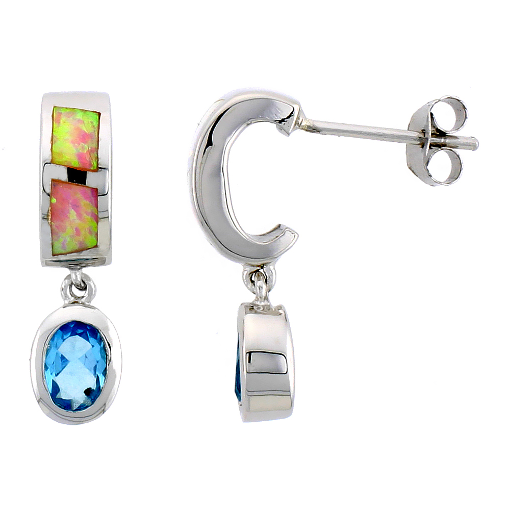 Sterling Silver Post Earrings Pink Synthetic Opal inlay with Oval Shape Blue Topaz CZ, 7/8 inch