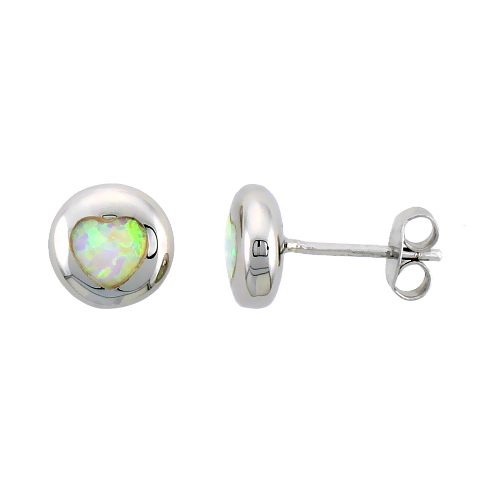 Sterling Silver Synthetic Blue Opal Heart Inlay Flat ball Studs, 3/8 inch Diameter