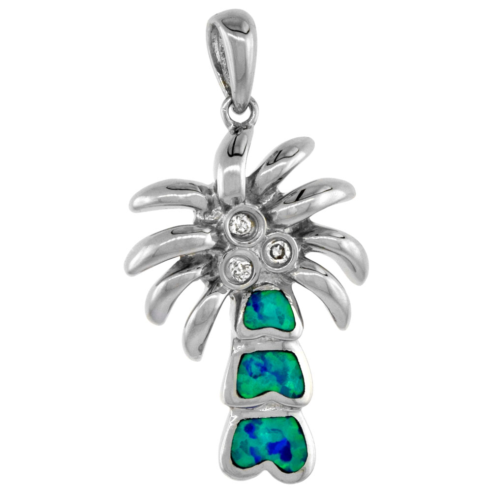 Sterling Silver Synthetic Opal Palm Tree Pendant for Women Hand Inlay Cubic Zirconia Accent 1 inch