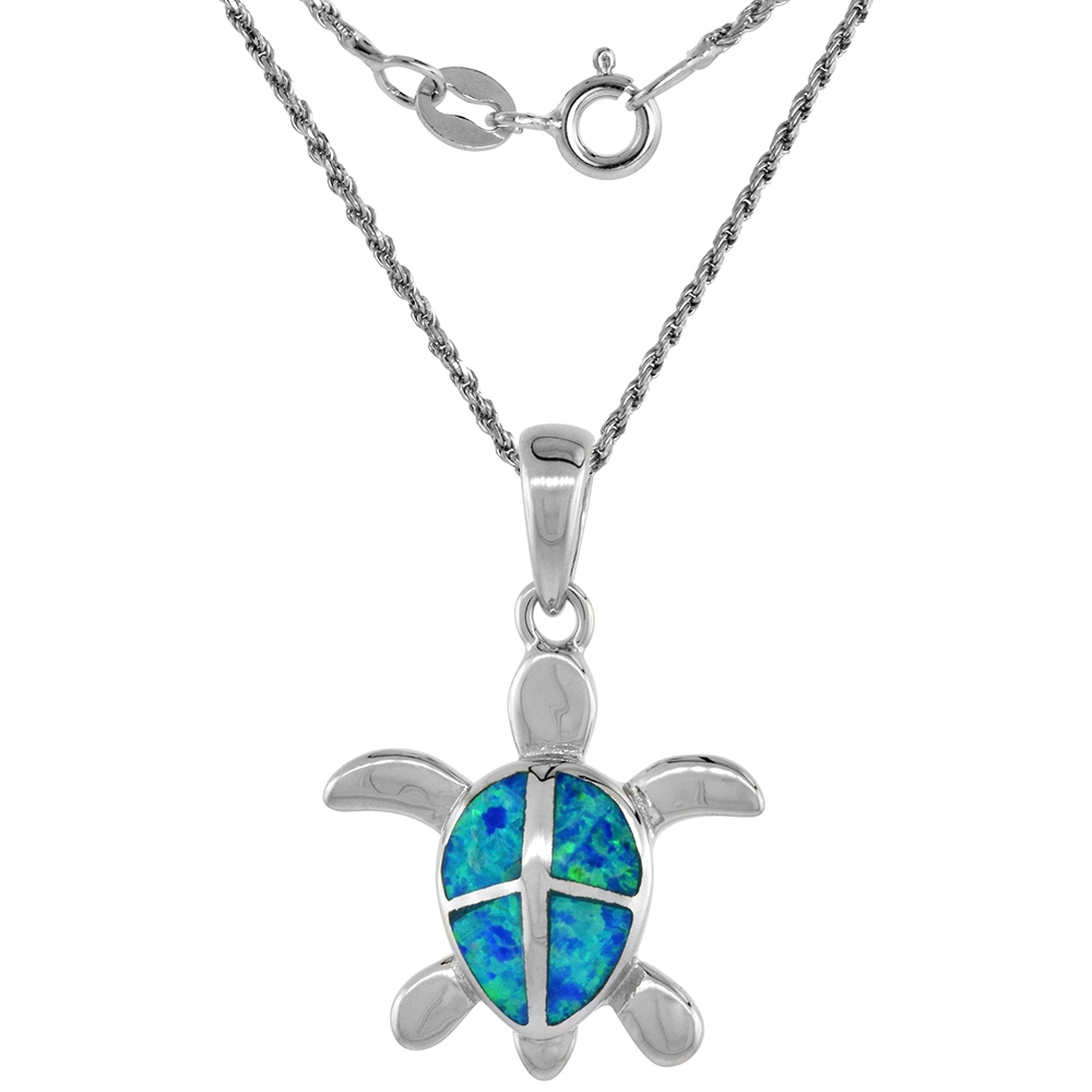 Sterling Silver Synthetic Opal Hawaiian Sea Turtle Necklace for Women Hand Inlay 3/4 inch