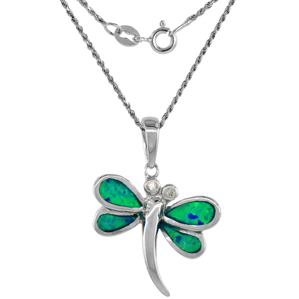Sterling Silver Synthetic Opal Dragonfly Necklace for Women CZ Accent Hand Inlay 3/4 inch