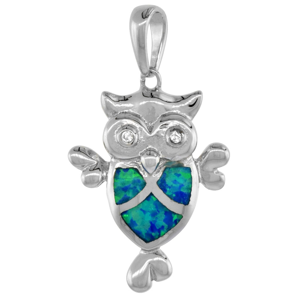 Sterling Silver Synthetic Opal Owl Pendant for Women CZ Accent Hand Inlay 7/8 inch tall