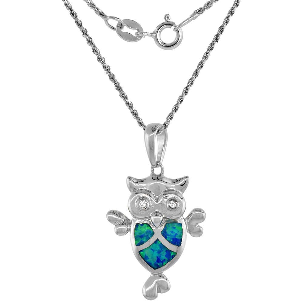 Sterling Silver Synthetic Opal Owl Necklace for Women CZ Accent Hand Inlay 7/8 inch tall