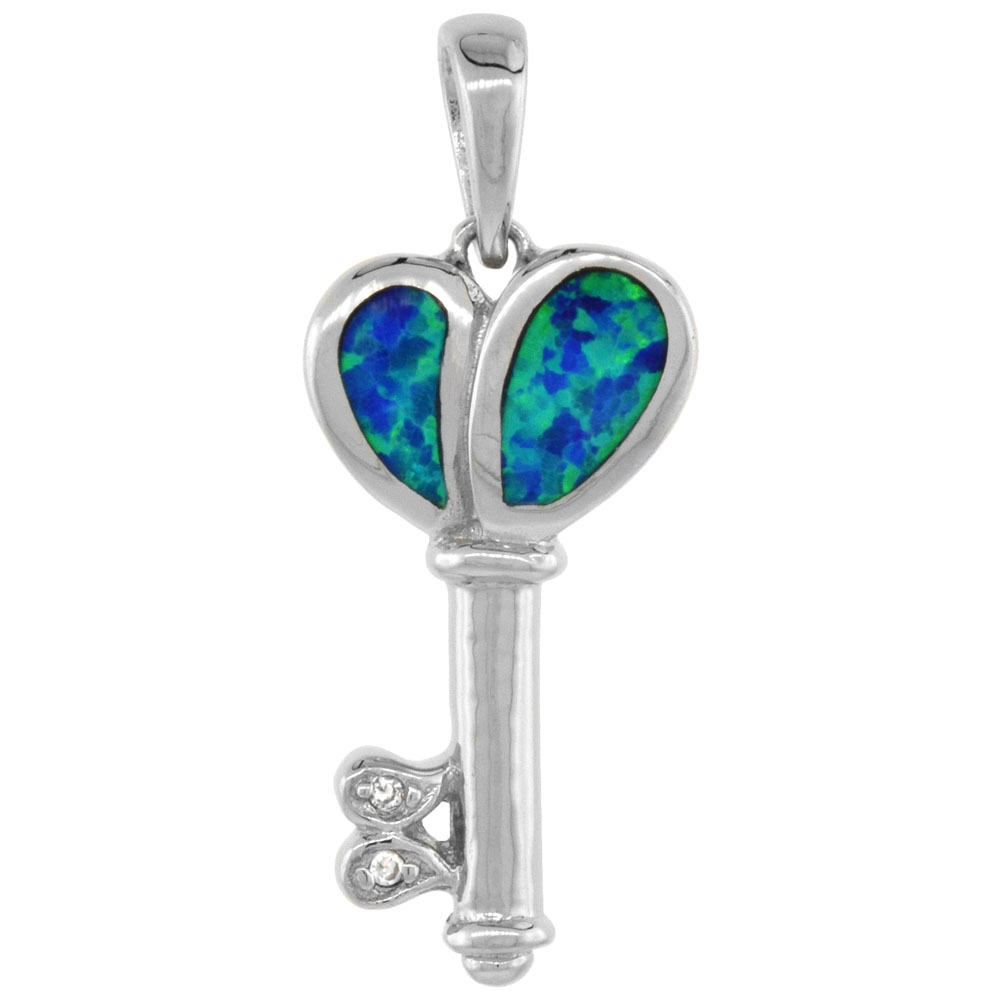 Sterling Silver Synthetic Opal Heart Key Pendant for Women CZ Accent Hand Inlay 1 inch