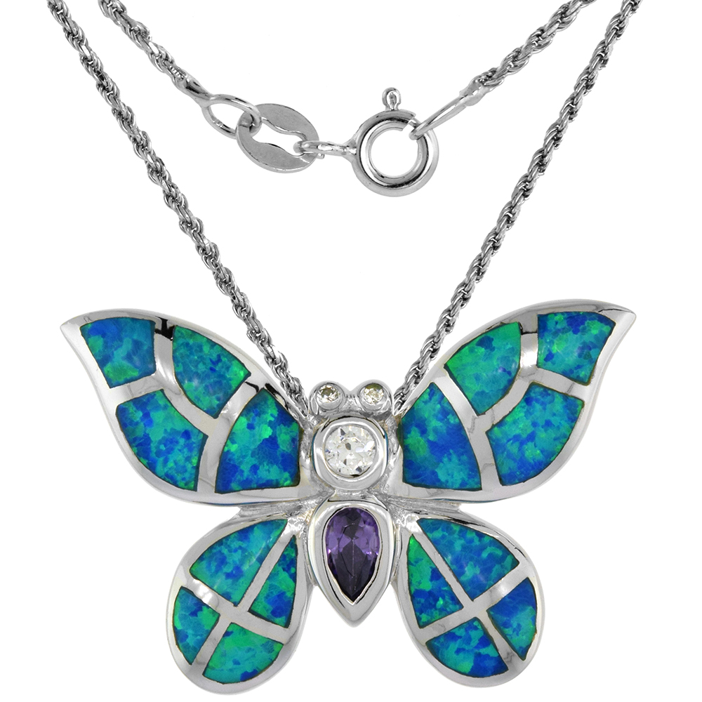 Sterling Silver Synthetic Opal Butterfly Necklace for Women Hand Inlay with CZ 1 1/8 inch