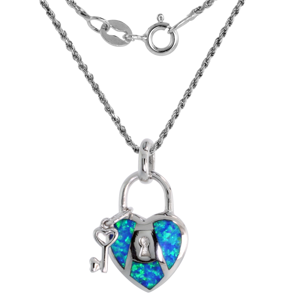 Sterling Silver Synthetic Opal Key to My Heart Necklace for Women Hand Inlay 3/4 inch