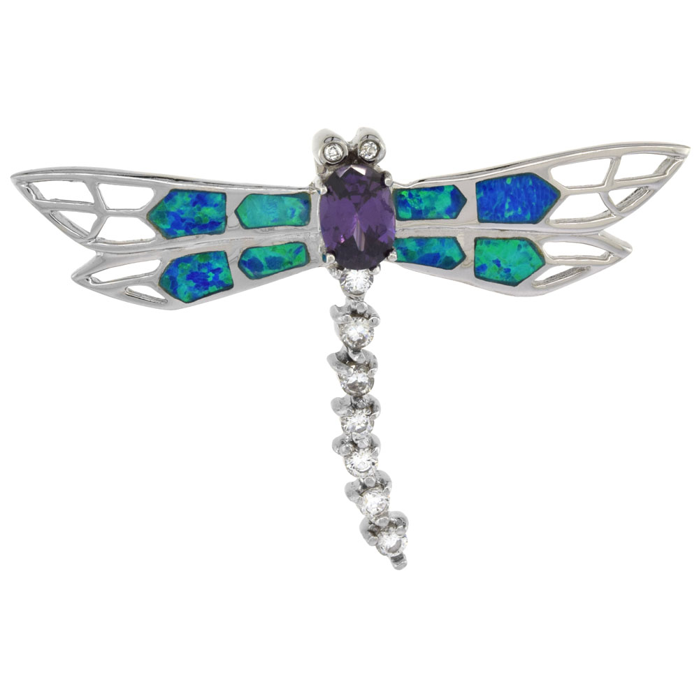 Sterling Silver Synthetic Opal Dragonfly Pendant Hand Inlay Amethyst CZ Cubic Zirconia Accent 1 3/4 inch