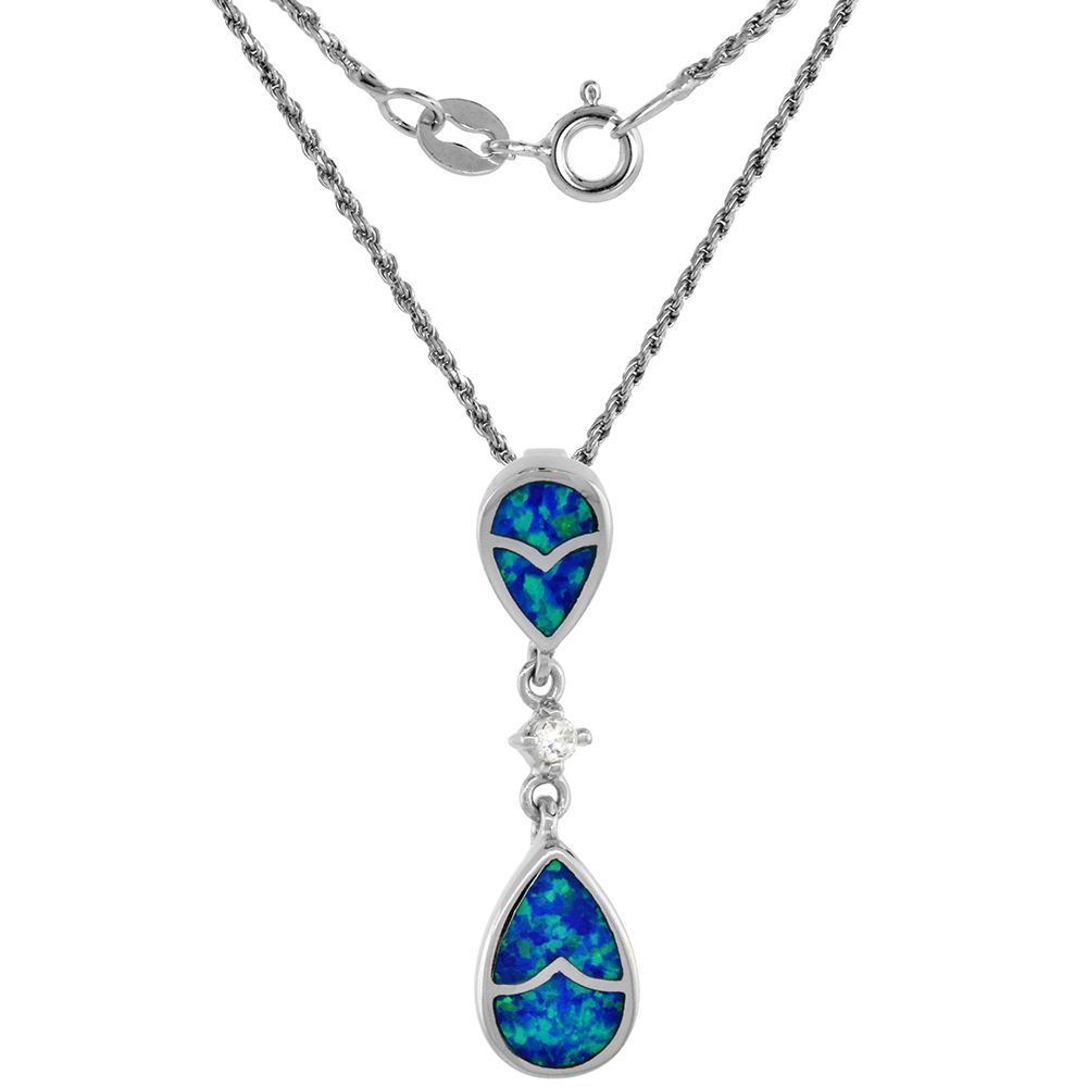 Sterling Silver Synthetic Opal Teardrop Necklace for Women CZ Accent Hand Inlay 1 3/16 inch tall