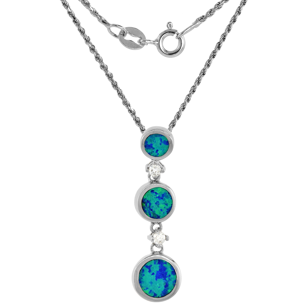 Sterling Silver Synthetic Opal 3 Linked Circles Necklace for Women CZ Accent Hand Inlay 1 1/4 inch