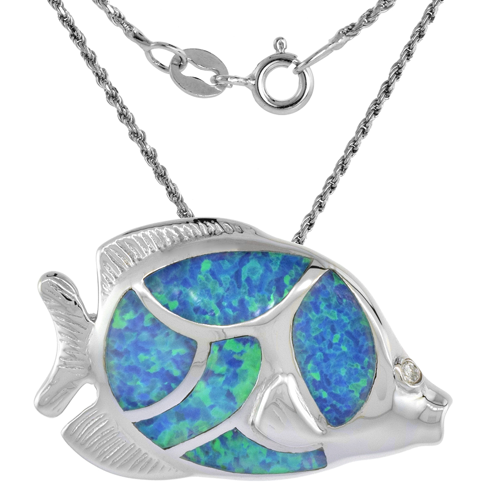 Sterling Silver Synthetic Opal Tropical Fish Necklace for Women with CZ Stones 1 1/16 inch