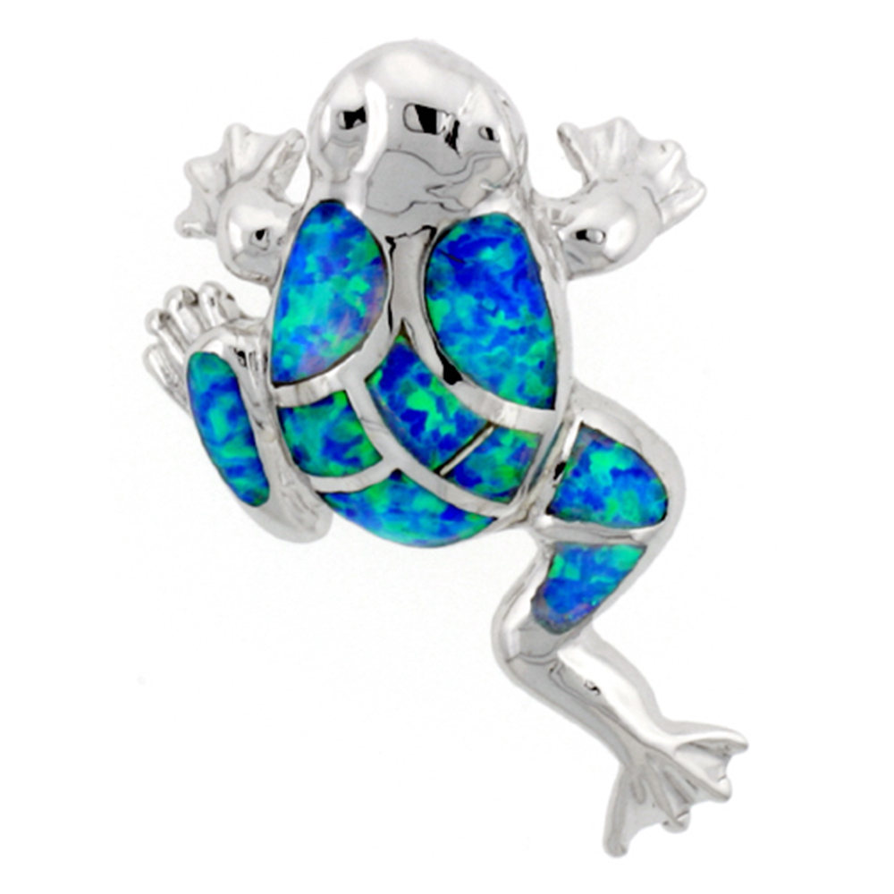 Sterling Silver Synthetic Opal Frog Pendant for Women Hand Inlay 1 1/8 inch Tall