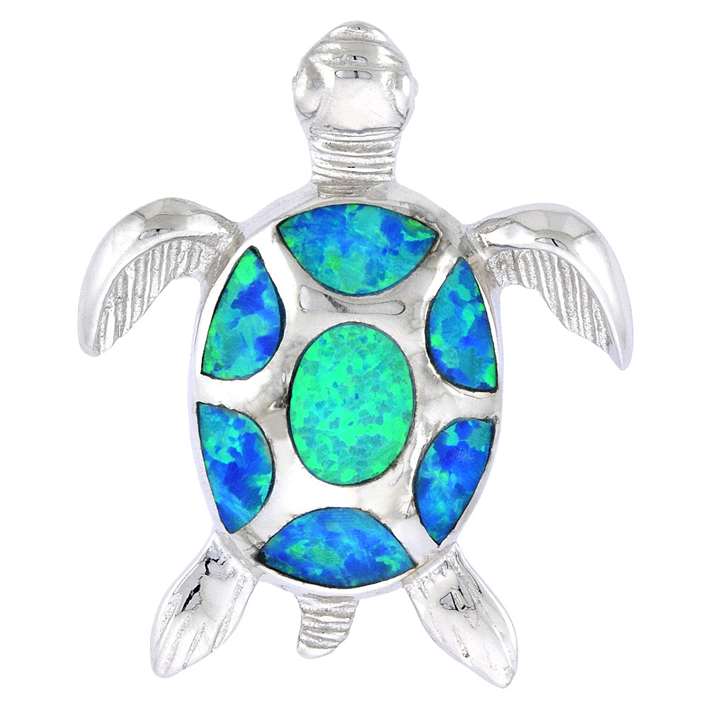 Sterling Silver Synthetic Opal Sea Turtle Pendant for Women Hand Inlay 1 inch Tall