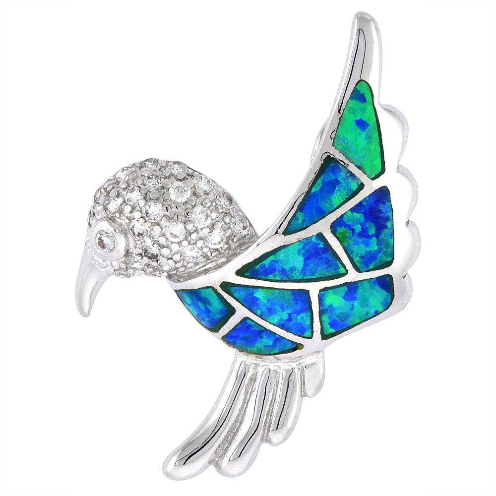Sterling Silver Synthetic Opal Hummingbird Pendant for Women Hand Inlay & CZ stones 1 1/4 inch Tall