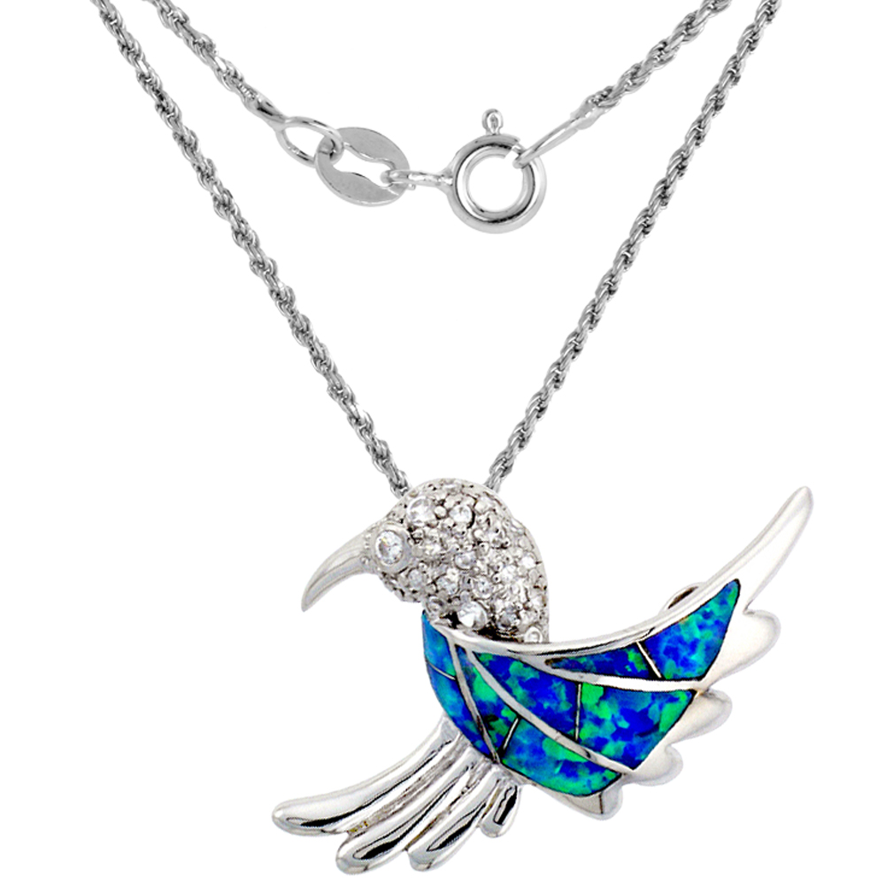 Sterling Silver Synthetic Opal Hummingbird Necklace for Women with CZ Stones 1 1/4 inch